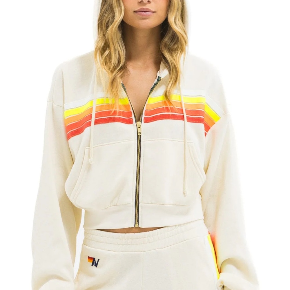 Aviator Nation 5 Stripe Cropped Zip Hoodie - Relaxed